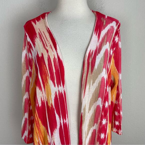 Chico's Red Orange White Light Weight  Long Sleeve Open Front Cardigan 2 - Picture 3 of 8